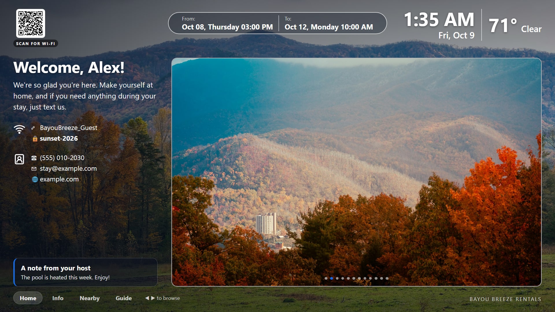 ArrivalScreen on a TV: welcome message, Wi-Fi QR code, host contact, weather and a photo carousel